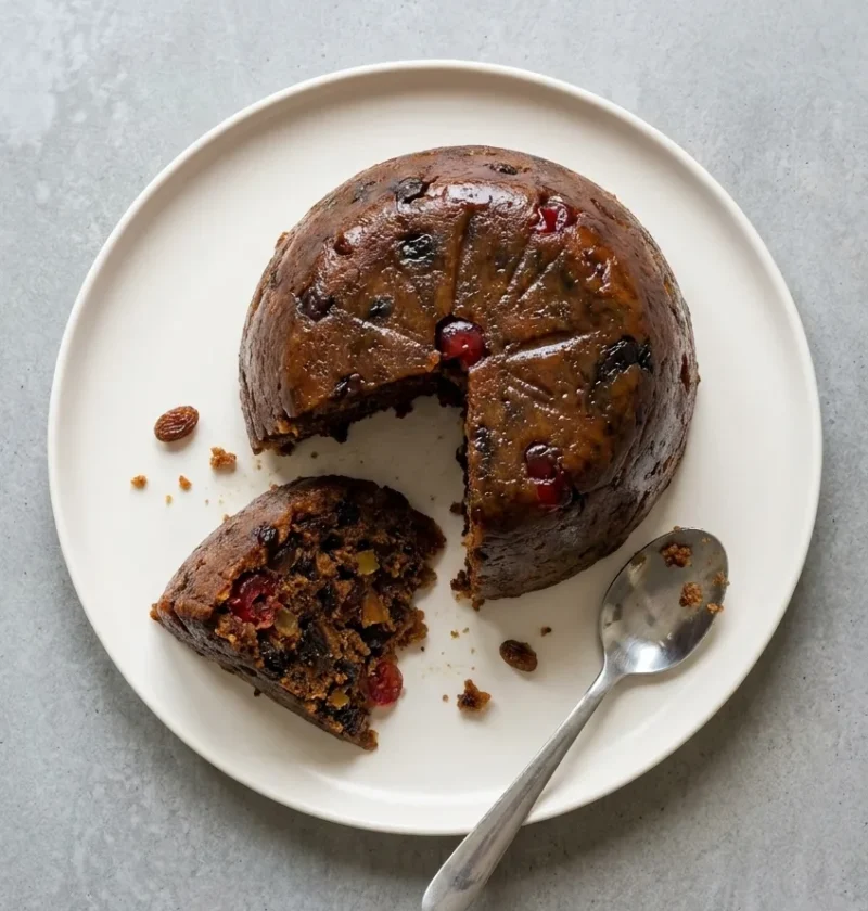 Dark suet Christmas pudding turned out on a white plate with a wedge cut out, showing sultanas, prunes, glacé cherries and peel inside