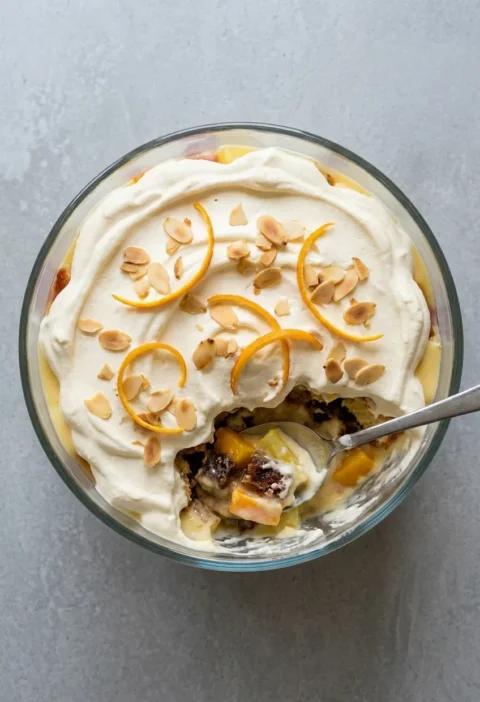 Glass bowl of Christmas pudding trifle topped with whipped cream, toasted flaked almonds and orange zest, with one serving scooped out showing custard, mango, pineapple and pudding
