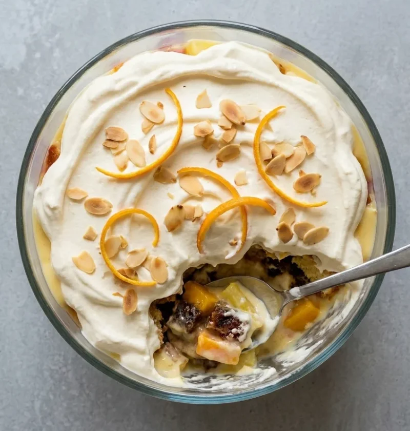 Glass bowl of Christmas pudding trifle topped with whipped cream, toasted flaked almonds and orange zest, with one serving scooped out showing custard, mango, pineapple and pudding