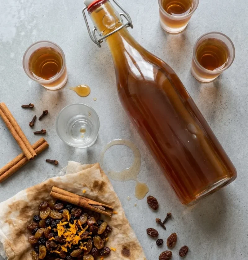 Strained Christmas pudding vodka in a swing-top bottle with shot glasses, cinnamon sticks, cloves and the soaked dried fruit in muslin