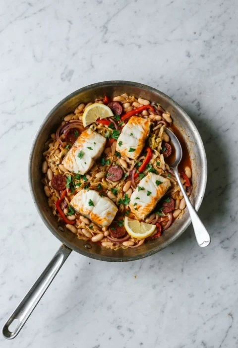 Four white cod loin steaks on a one-pan stew of white beans, cabbage, red pepper and chorizo, with parsley and lemon