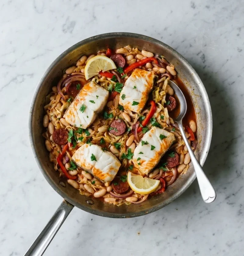 Four white cod loin steaks on a one-pan stew of white beans, cabbage, red pepper and chorizo, with parsley and lemon