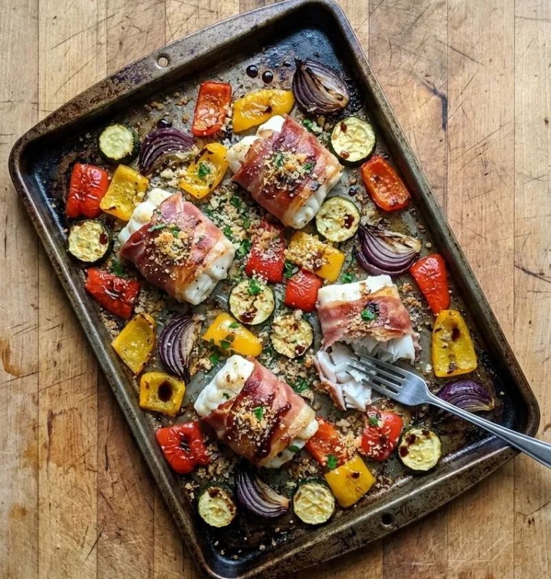 A baking tray of roasted peppers, courgettes and red onion with four cod fillets wrapped in Parma ham under a Parmesan crumb, one opened with a fork