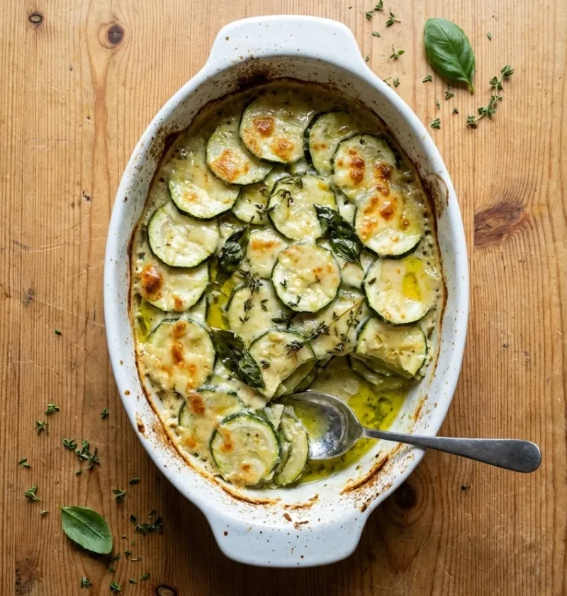 Courgette gratin in a white oval dish with melted Gruyère, thyme and basil, a serving spoon resting in it