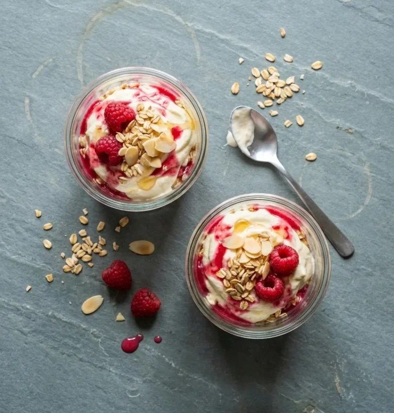 Two glass tumblers of cranachan from above, whipped cream rippled with raspberry purée and topped with raspberries, toasted oats and flaked almonds