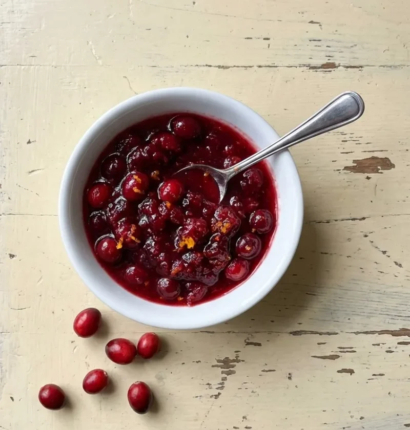 Hairy Bikers cranberry sauce in a white bowl with a spoon, a glossy mix of whole and burst cranberries with orange zest, fresh cranberries on the table