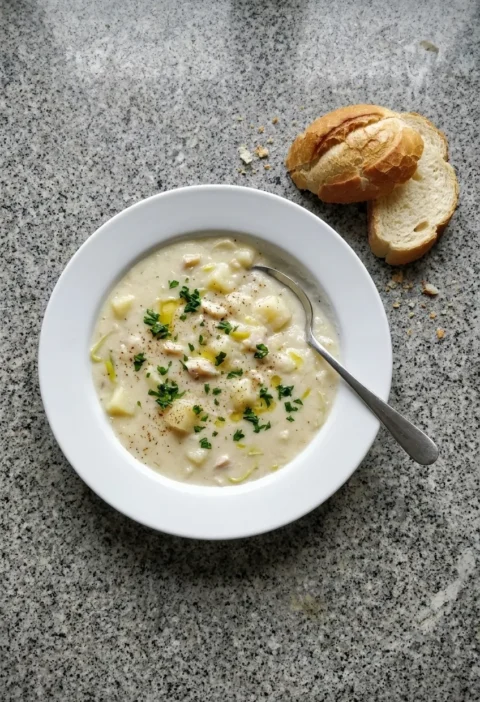 A white bowl of creamy cullen skink with potato, flaked smoked haddock and leeks, topped with parsley and nutmeg, with crusty bread
