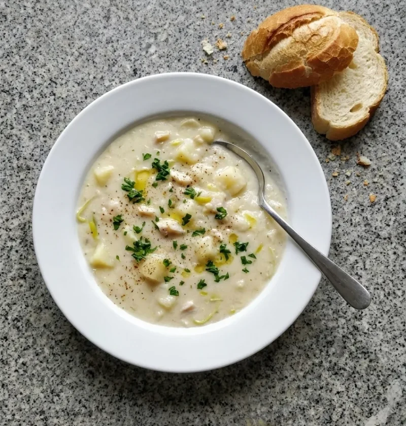A white bowl of creamy cullen skink with potato, flaked smoked haddock and leeks, topped with parsley and nutmeg, with crusty bread