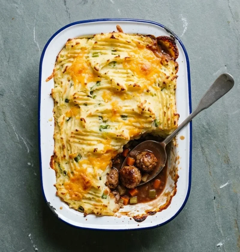 Cumberland sausage pie in an enamel dish with golden forked cheesy mash, one corner scooped out to show sausage balls in red wine gravy