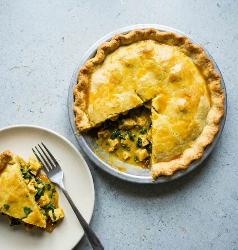 A golden curried chicken pie in a round metal dish with a wedge cut out, showing chicken and spinach in a yellow curry filling, beside a plated slice