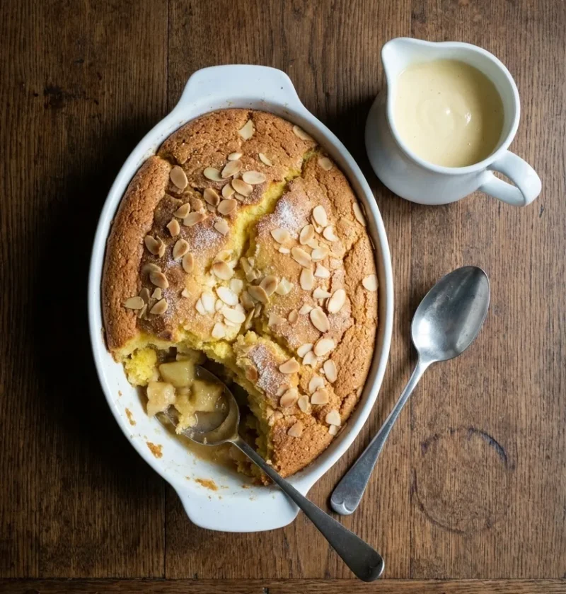 A white oval dish of Eve’s pudding with an almond-topped sponge, one portion scooped out to show soft apple, beside a jug of vanilla custard