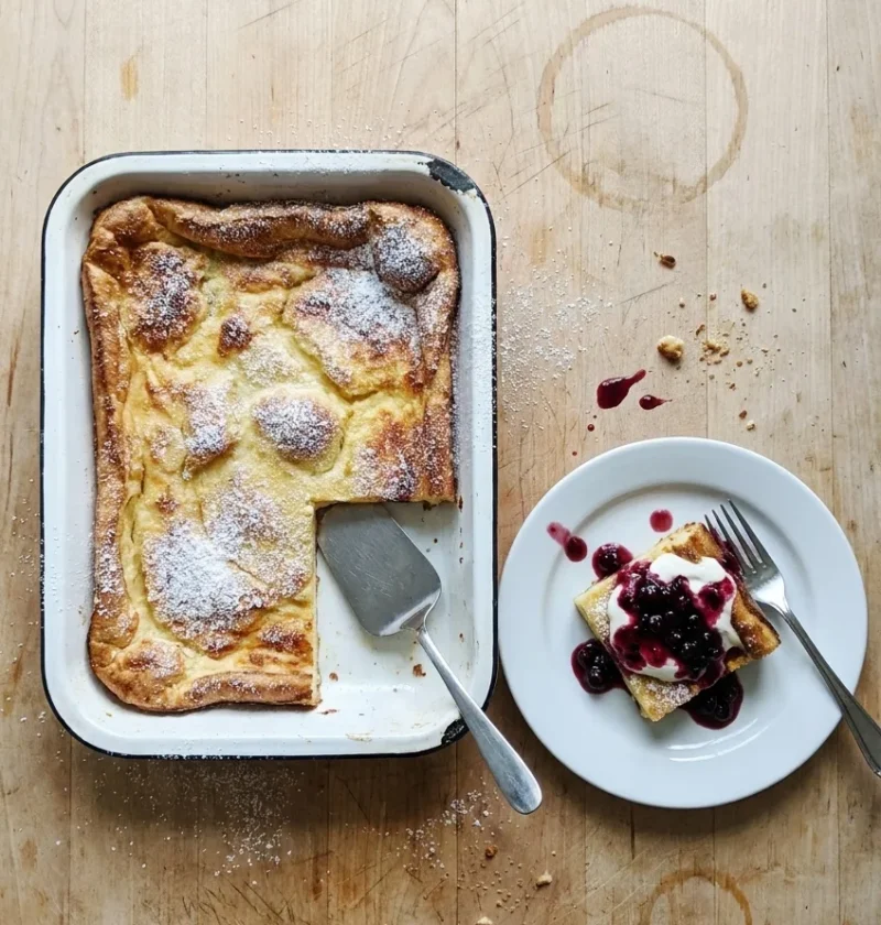 Finnish oven pancake in an enamel baking dish dusted with icing sugar, one square served with berry compote and crème fraîche