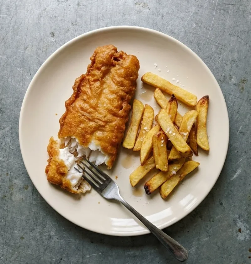 A plate of beer-battered haddock broken open to show white flaky fish, with thick-cut chips sprinkled with salt