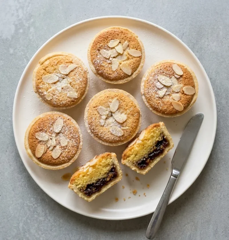 Open-topped frangipane mince pies on a white plate, topped with flaked almonds and icing sugar, with one cut in half to show the mincemeat under the almond sponge
