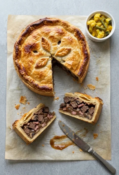 Homemade game pie with a golden puff pastry lid and a wedge cut out, two slices showing venison, bacon and mushroom filling, with piccalilli