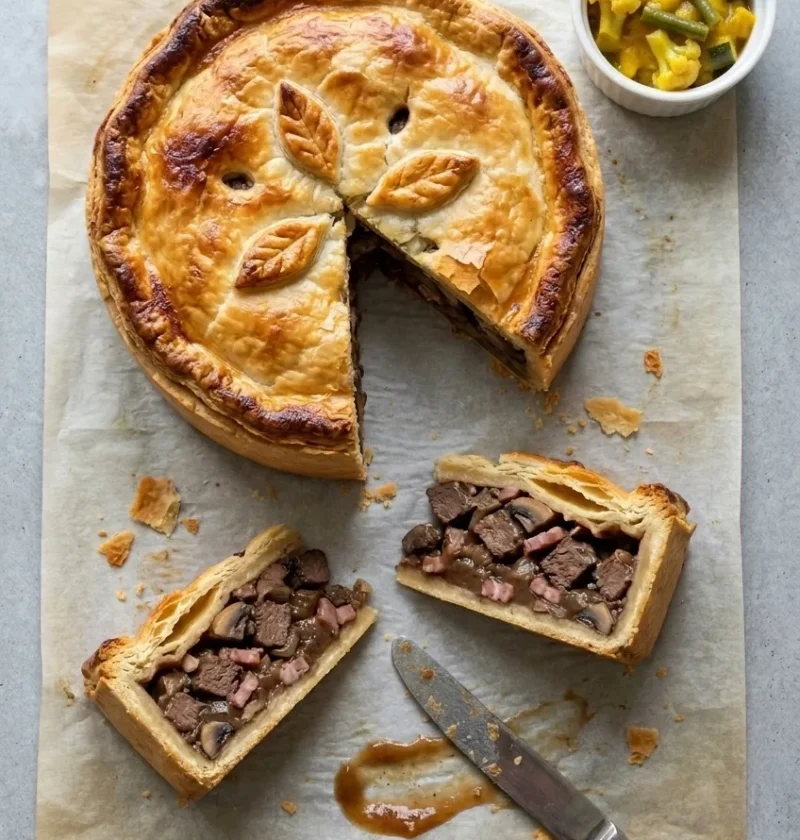 Homemade game pie with a golden puff pastry lid and a wedge cut out, two slices showing venison, bacon and mushroom filling, with piccalilli
