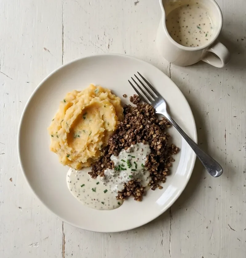 A plate of haggis with potato and swede clapshot and a creamy whisky and mustard sauce, with a small jug of extra sauce