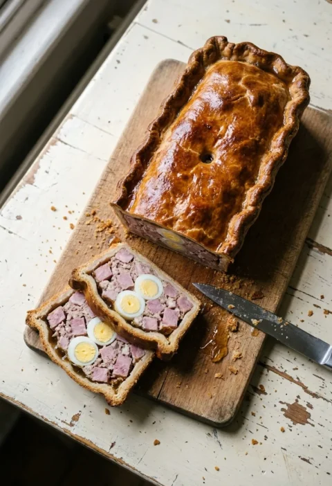 Homemade raised ham and egg pie on a wooden board, with two slices showing chunks of ham, pork, quails eggs and jelly inside