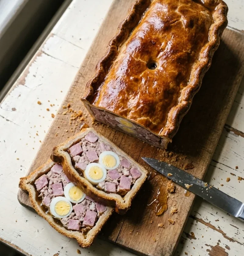 Homemade raised ham and egg pie on a wooden board, with two slices showing chunks of ham, pork, quails eggs and jelly inside
