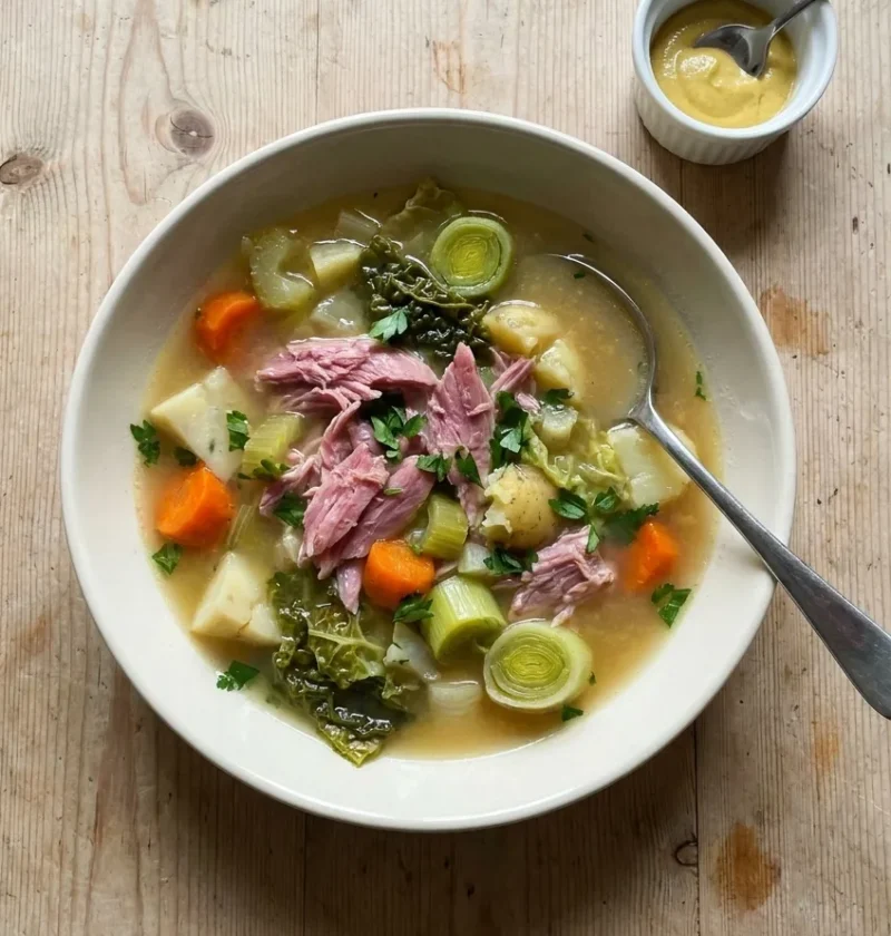 A cream bowl of ham hock broth with pulled pink ham, carrot, leeks, celery and savoy cabbage, with a small pot of mustard