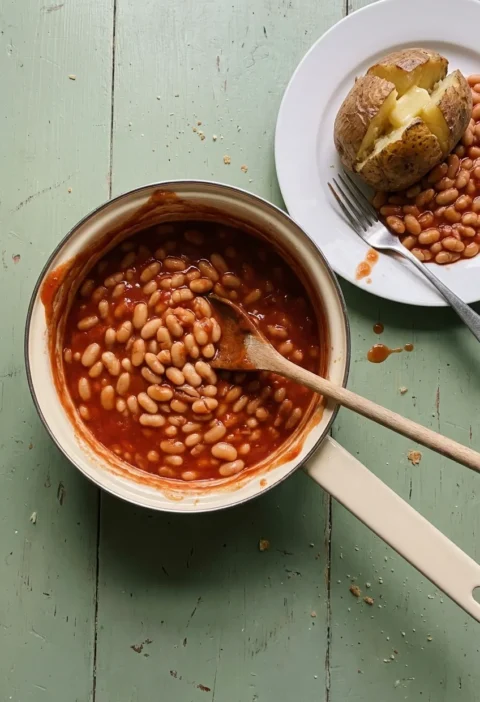 Homemade baked beans in tomato sauce in a cream enamel pan, with a jacket potato topped with beans on a plate beside it