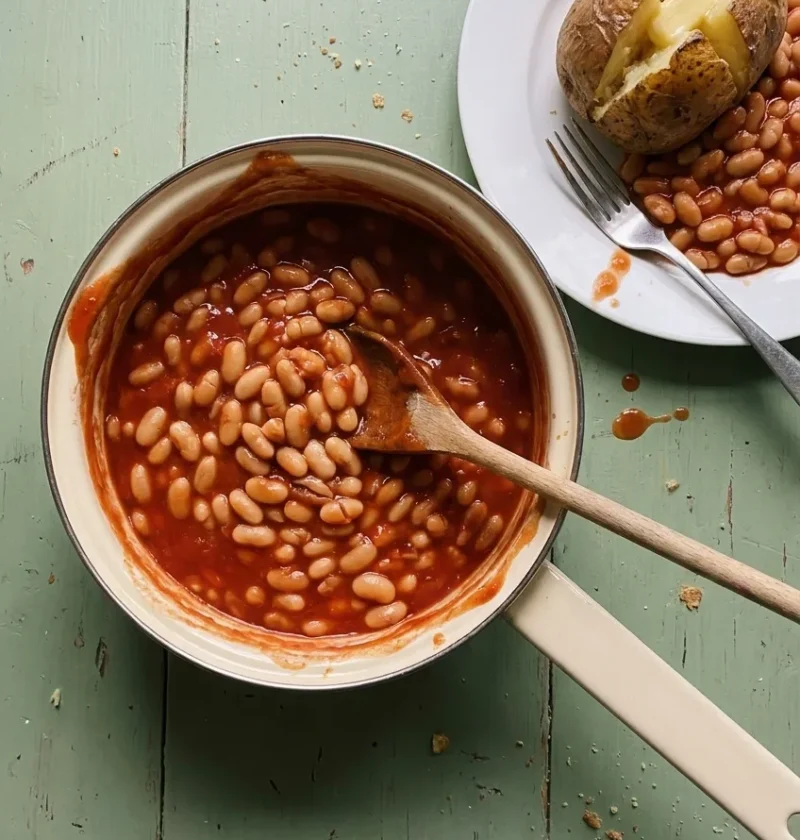 Homemade baked beans in tomato sauce in a cream enamel pan, with a jacket potato topped with beans on a plate beside it