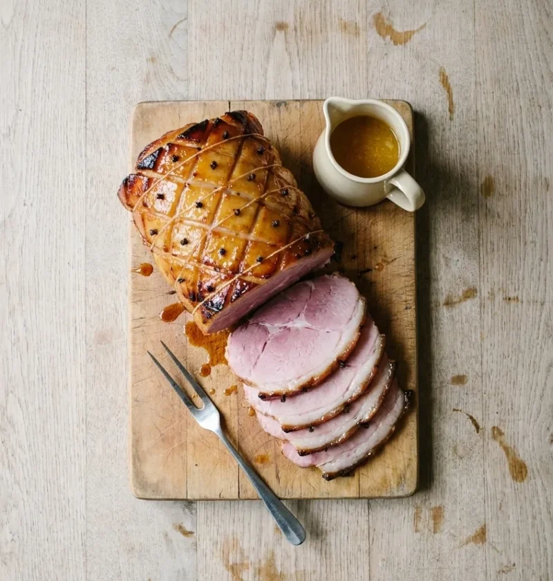 A honey and mustard glazed gammon joint studded with cloves on a carving board, with thick pink slices and a jug of warm juices