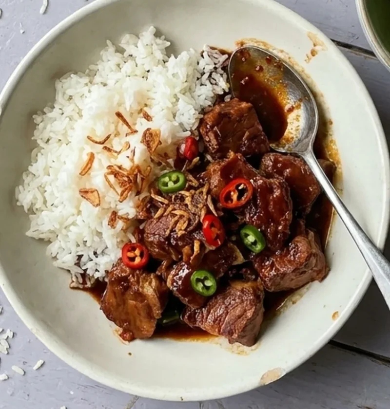 Bowl of Indonesian pork stew in a dark sweet soy sauce with jasmine rice, crispy shallots and sliced chillies