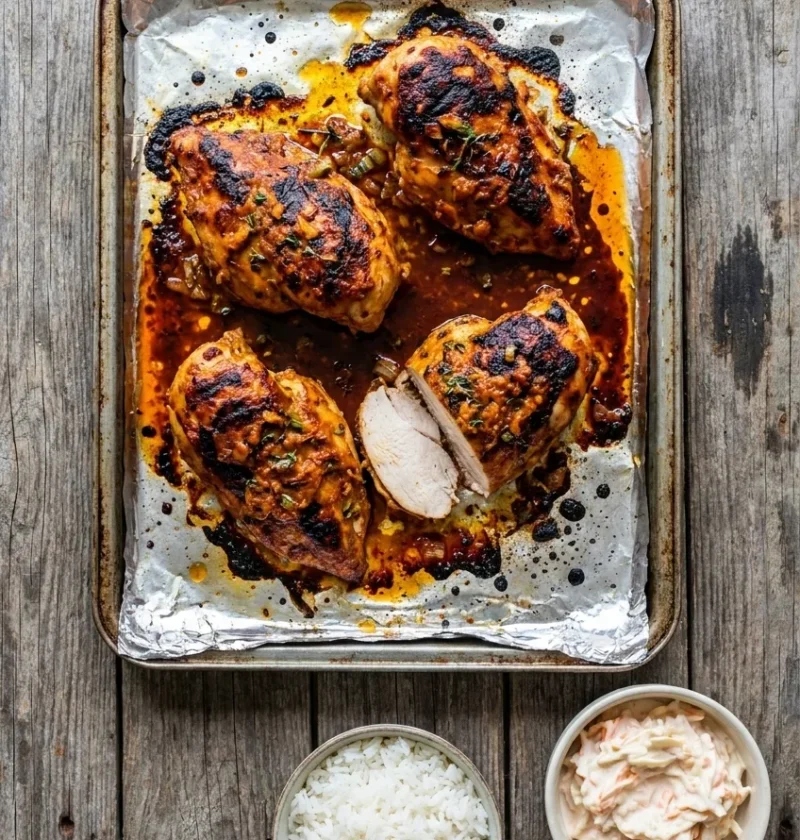 Roasted jerk chicken breasts with charred skin in their separated marinade on a foil-lined tray, one cut open, with bowls of rice and coleslaw