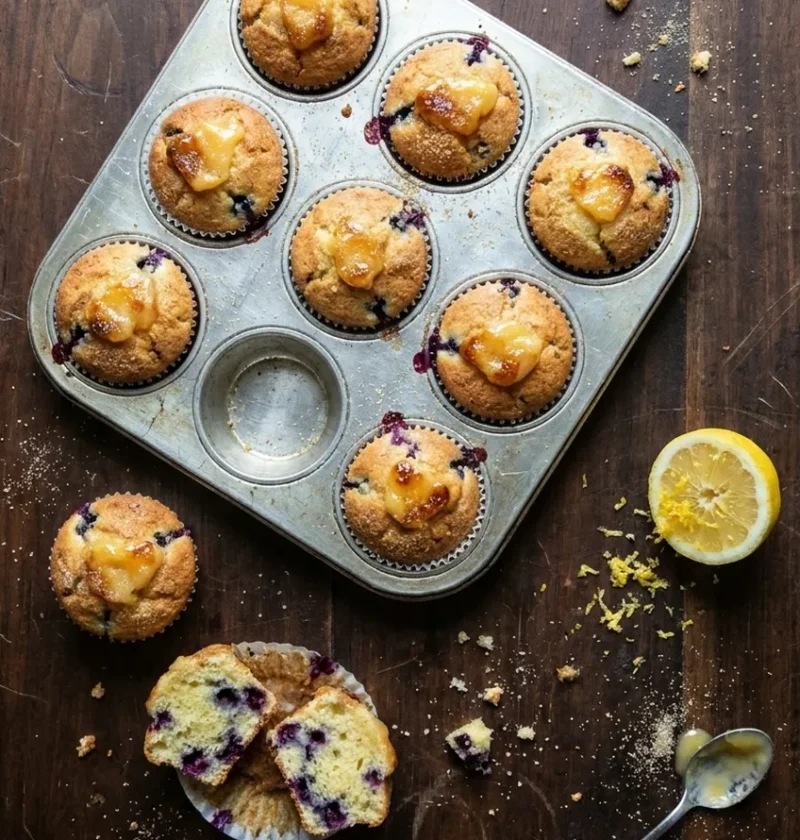 Homemade lemon and blueberry muffins in a muffin tin, each topped with baked lemon curd, one broken open to show the blueberry crumb