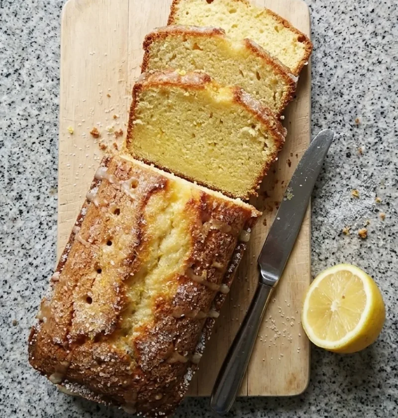 A lemon drizzle loaf cake on a wooden board with a crunchy sugar crust and three thick slices cut, beside a knife and half a lemon