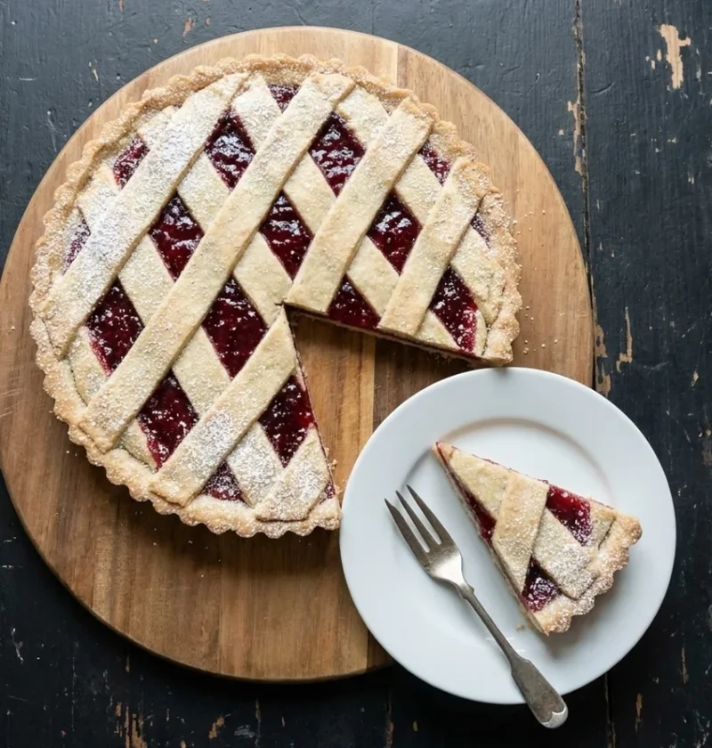 Hairy Bikers Linzer torte with a pale almond pastry lattice over raspberry jam, dusted with icing sugar, one slice served on a white plate
