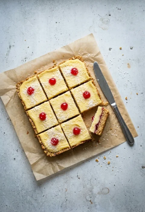 Squares of Manchester tart flapjack on parchment, topped with custard, coconut and cherries, one turned to show the oat base, jam and custard layers