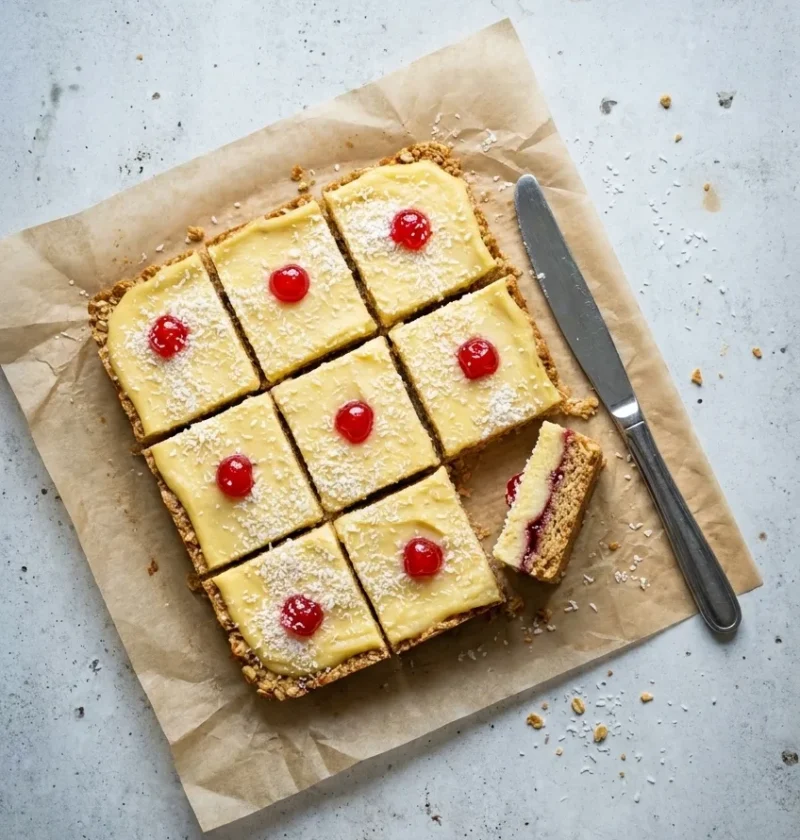 Squares of Manchester tart flapjack on parchment, topped with custard, coconut and cherries, one turned to show the oat base, jam and custard layers