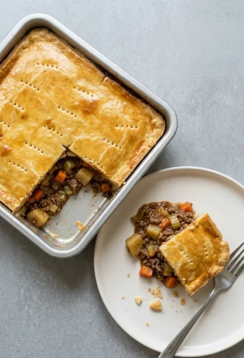 Meat and potato pie in a square metal tin with a fork-pricked golden lid, one square served on a plate to show minced beef, potato, carrot and celery