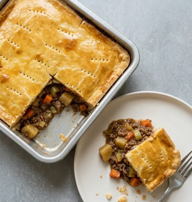 Meat and potato pie in a square metal tin with a fork-pricked golden lid, one square served on a plate to show minced beef, potato, carrot and celery