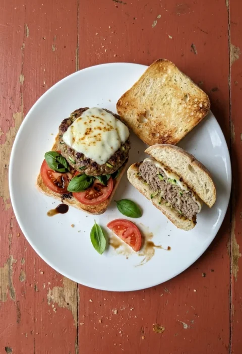 Open beef burger with melted mozzarella, tomato and basil on toasted ciabatta, beside a halved burger flecked with courgette, on a worn terracotta table