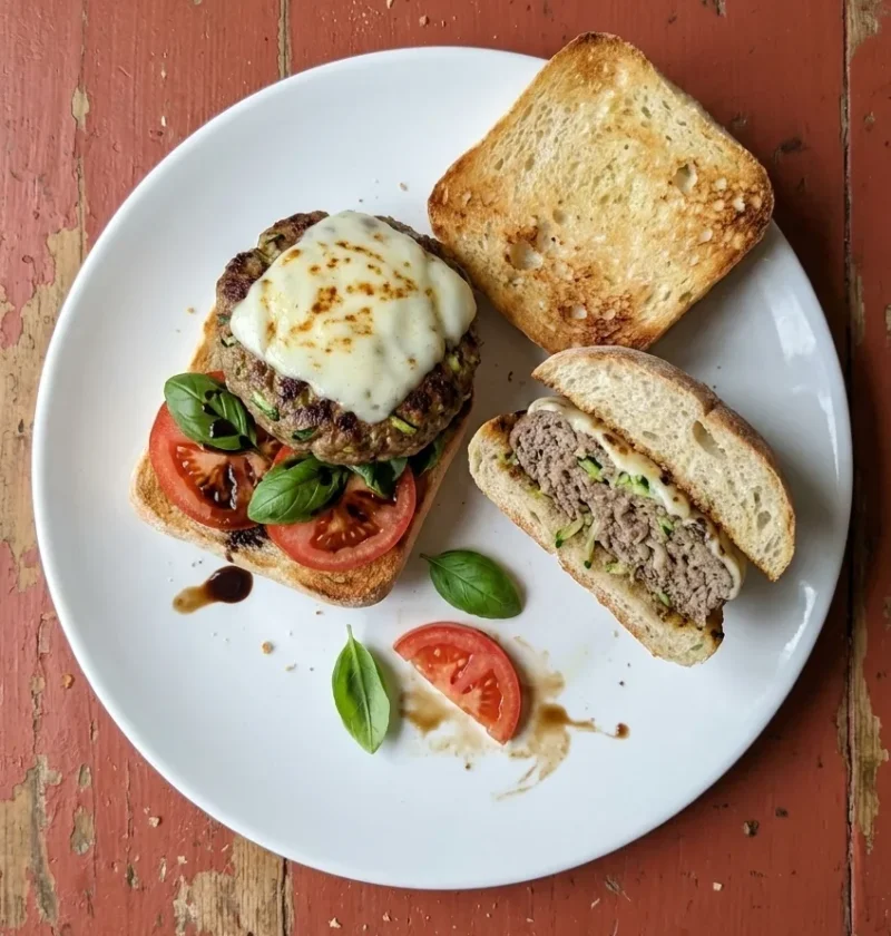Open beef burger with melted mozzarella, tomato and basil on toasted ciabatta, beside a halved burger flecked with courgette, on a worn terracotta table