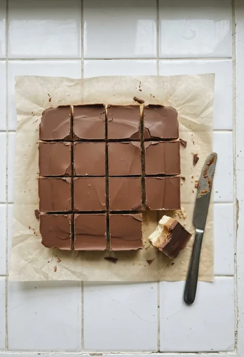 Millionaire shortbread cut into squares on baking parchment, with one square on its side showing the shortbread, caramel and chocolate layers