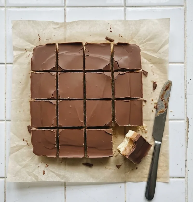 Millionaire shortbread cut into squares on baking parchment, with one square on its side showing the shortbread, caramel and chocolate layers