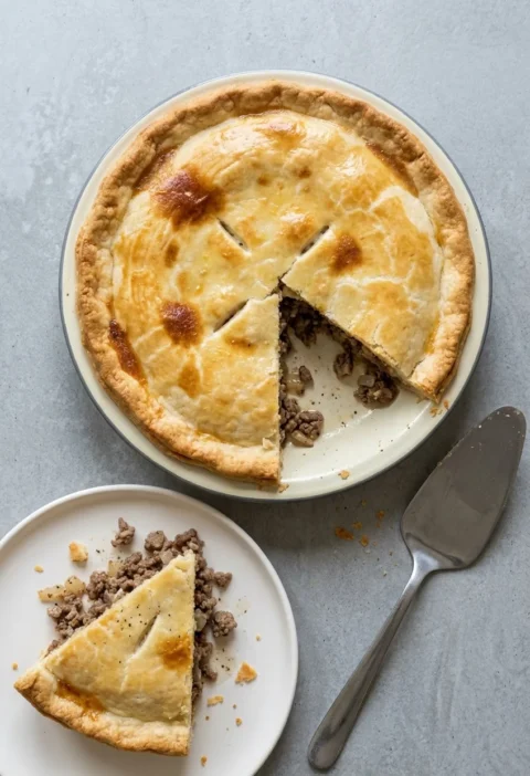 Golden mince and onion plate pie on its pie plate with a wedge cut out and served on a side plate, showing crumbly minced beef and onion under the pastry