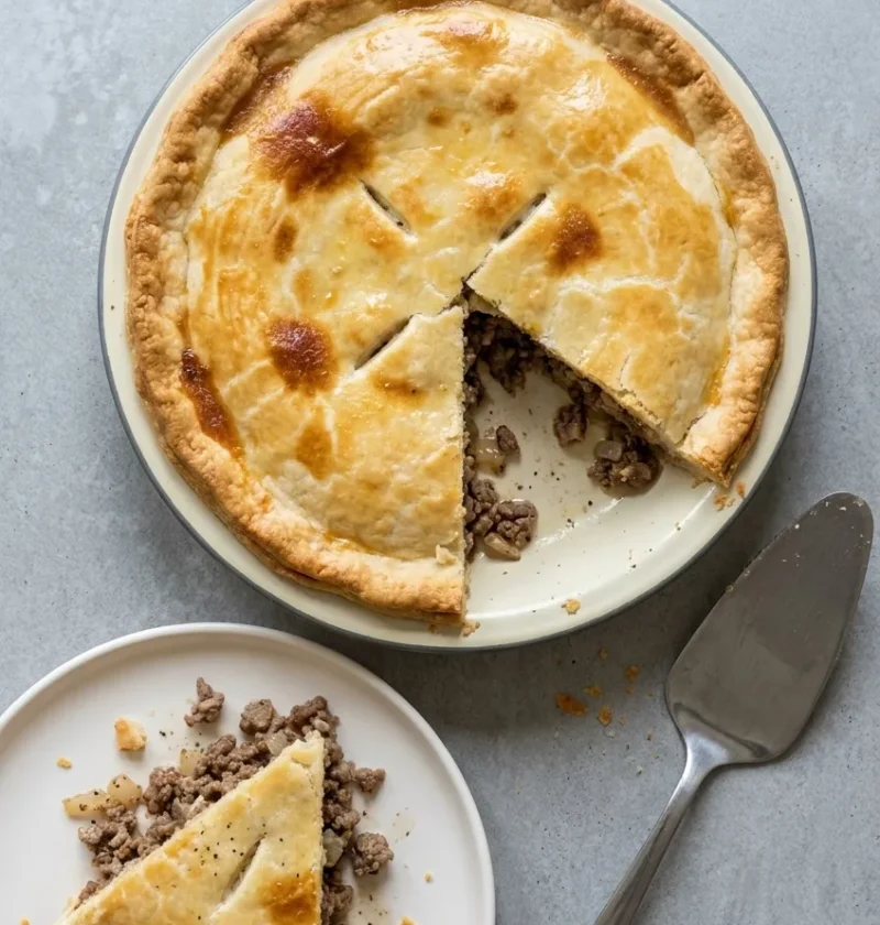 Golden mince and onion plate pie on its pie plate with a wedge cut out and served on a side plate, showing crumbly minced beef and onion under the pastry