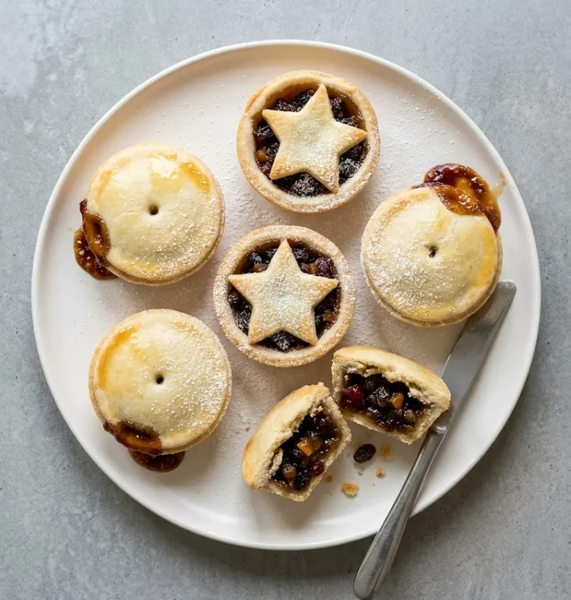 Homemade mince pies on a white plate, some with pastry lids and some with pastry stars, dusted with icing sugar, with one broken open to show dark mincemeat with cranberries