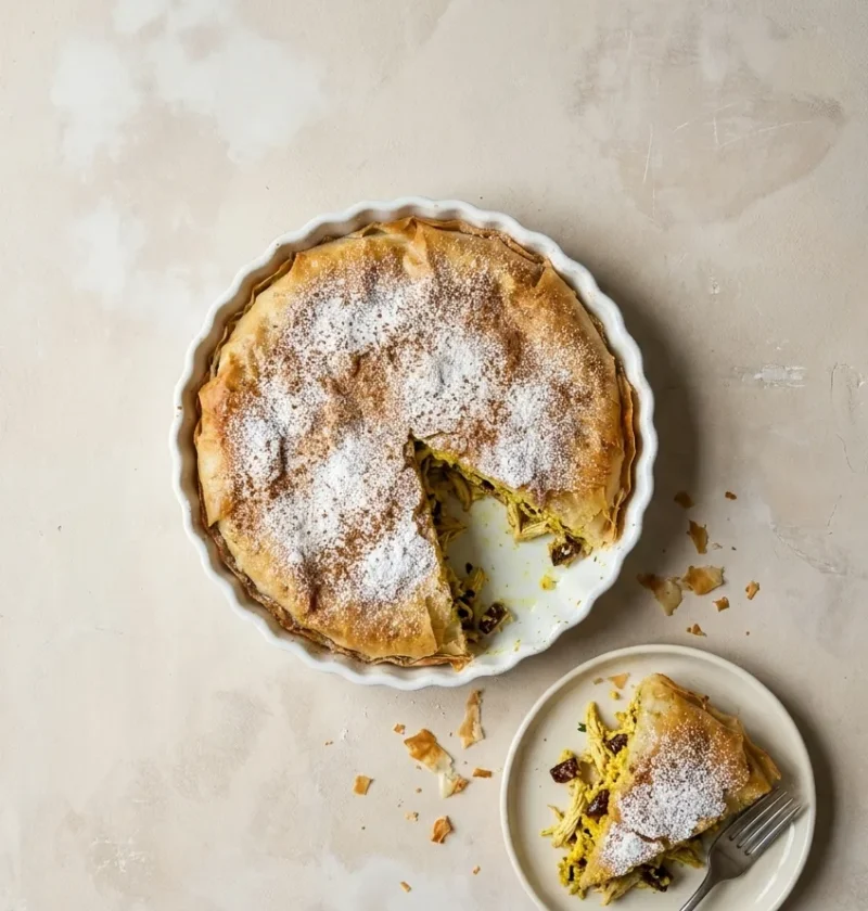 A Moroccan chicken pastilla in a fluted white dish, golden filo dusted with icing sugar and cinnamon, with a wedge cut out and a slice on a plate