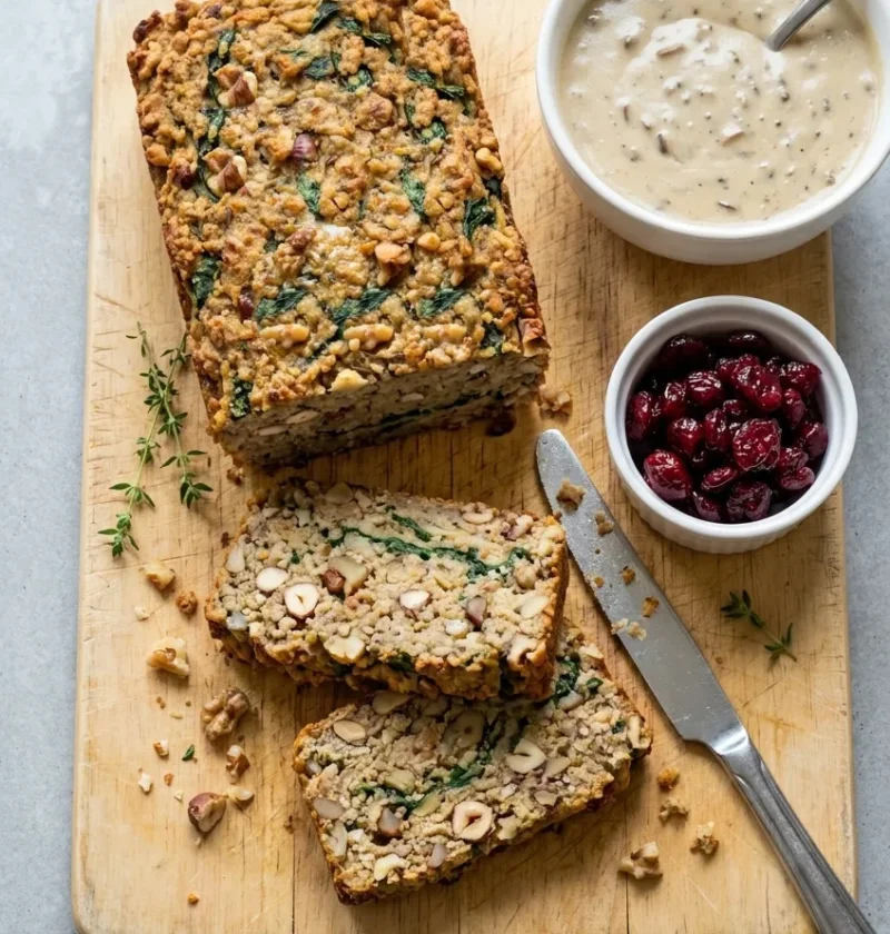 Sliced nut roast loaf on a wooden board with chopped nuts and spinach in the slices, a bowl of creamy mushroom gravy and sherry-soaked cranberries