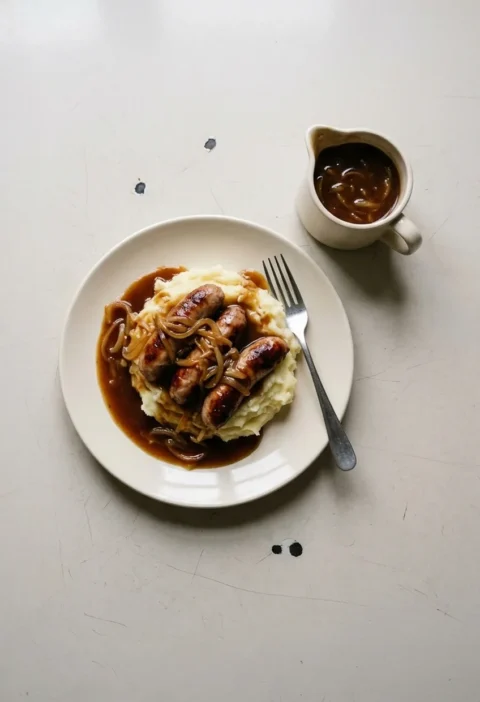 Sausages and mash covered in dark onion gravy with soft sliced onions, with a small jug of extra gravy beside the plate