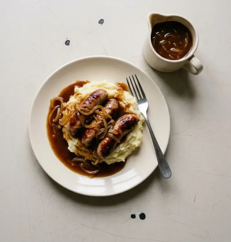 Sausages and mash covered in dark onion gravy with soft sliced onions, with a small jug of extra gravy beside the plate