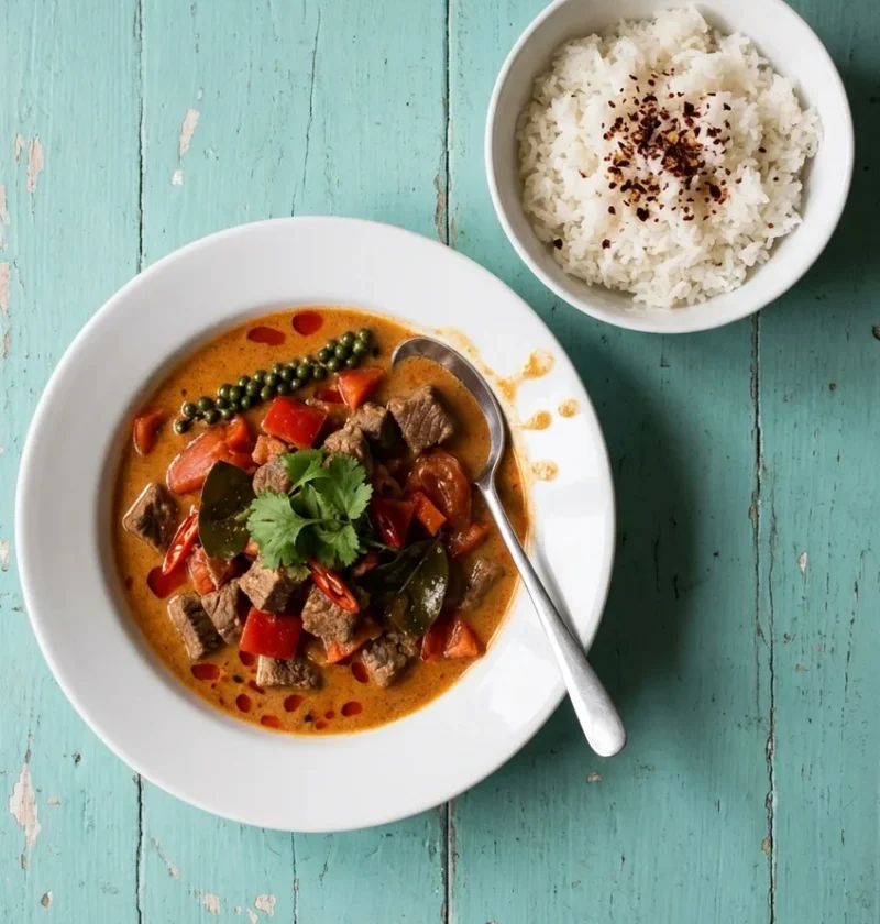 A bowl of panang beef curry with small beef cubes, red pepper, lime leaves and green peppercorns, beside steamed rice with chilli flakes