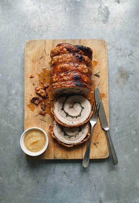 A rolled porchetta with blistered crackling on a wooden board, two slices cut to show the herb spiral, with a pot of apple sauce
