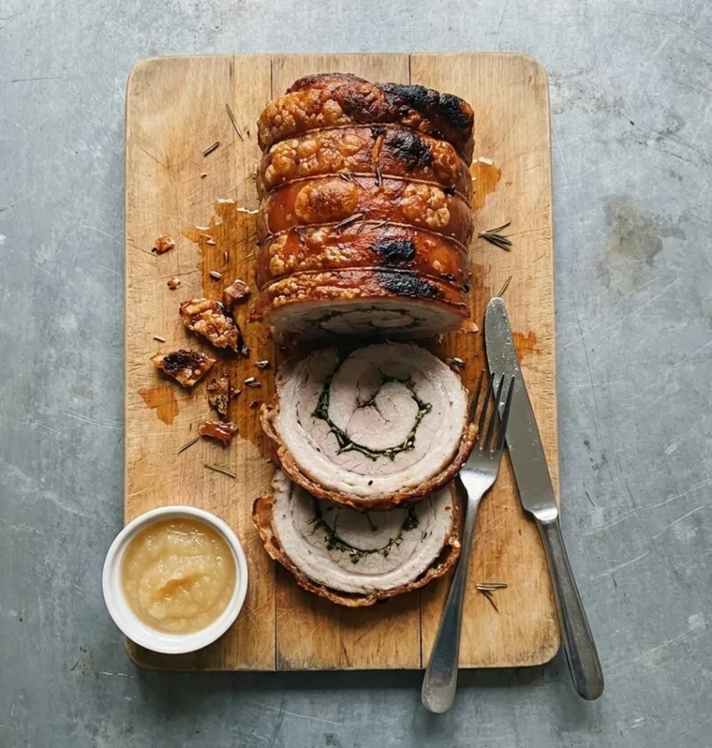 A rolled porchetta with blistered crackling on a wooden board, two slices cut to show the herb spiral, with a pot of apple sauce